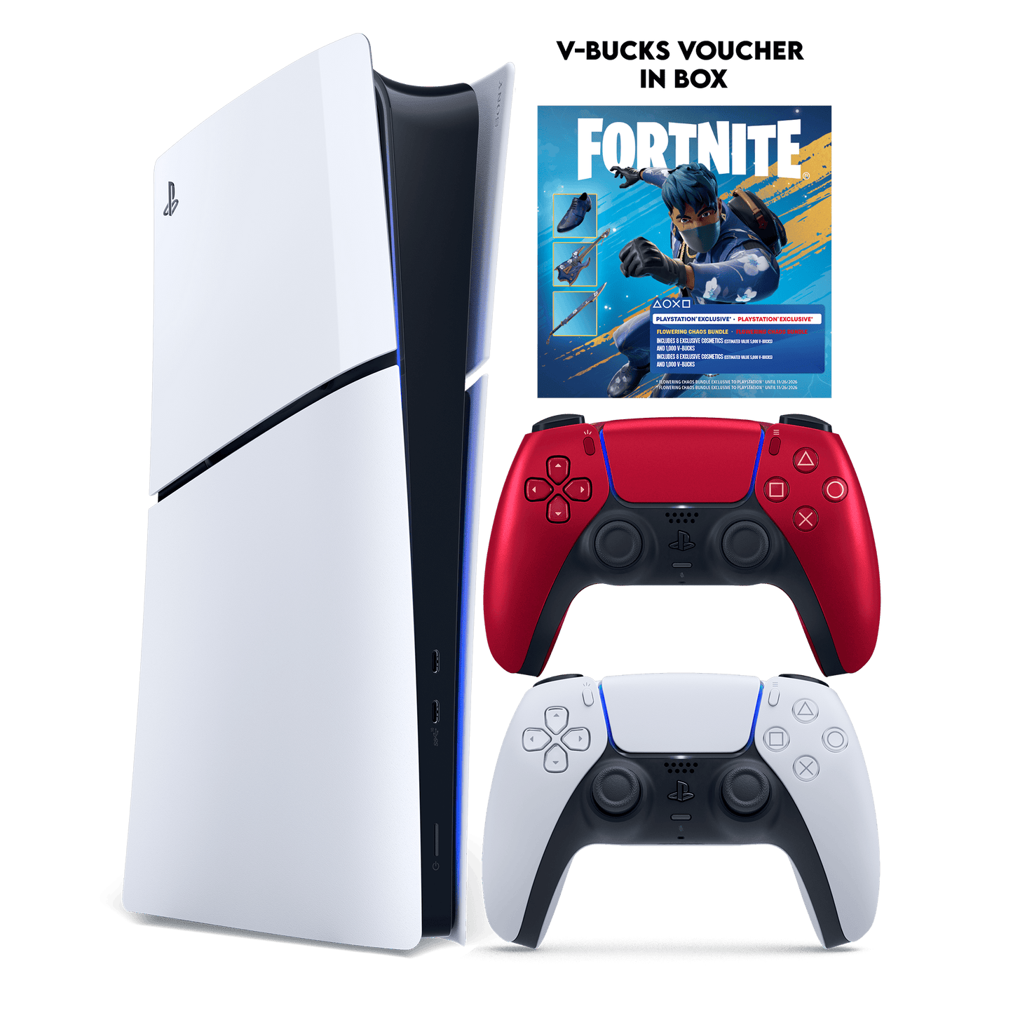 PS5 Slim Digital+ Fortnite Flowering Chaos (Voucher) + PS5 Dual Sense Volcanic Red