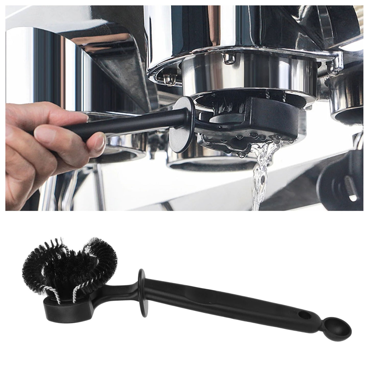 Group head cleaning brush in use cleaning an espresso machine