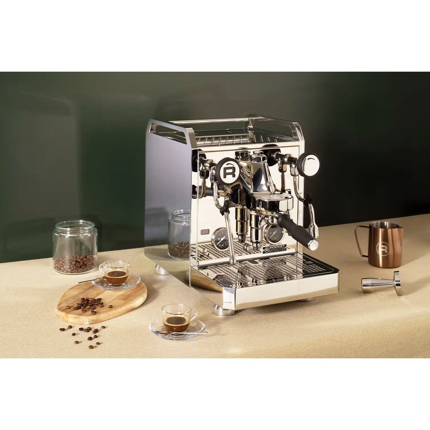 Rocket Fast Mozzafiato R Espresso Machine on a bar counter with coffee beans & cups