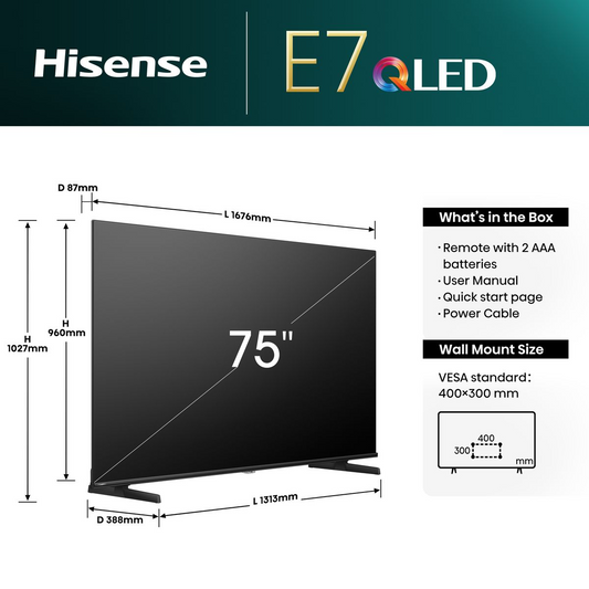 Hisense 75E7N 75 Inch 4K UHD QLED Smart TV with Quantum Dot & Dolby Vision (Each)