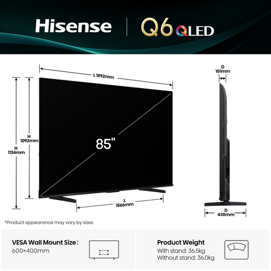 Hisense 85Q6Q 85" 4K QLED Smart TV with Dolby Vision & Atmos