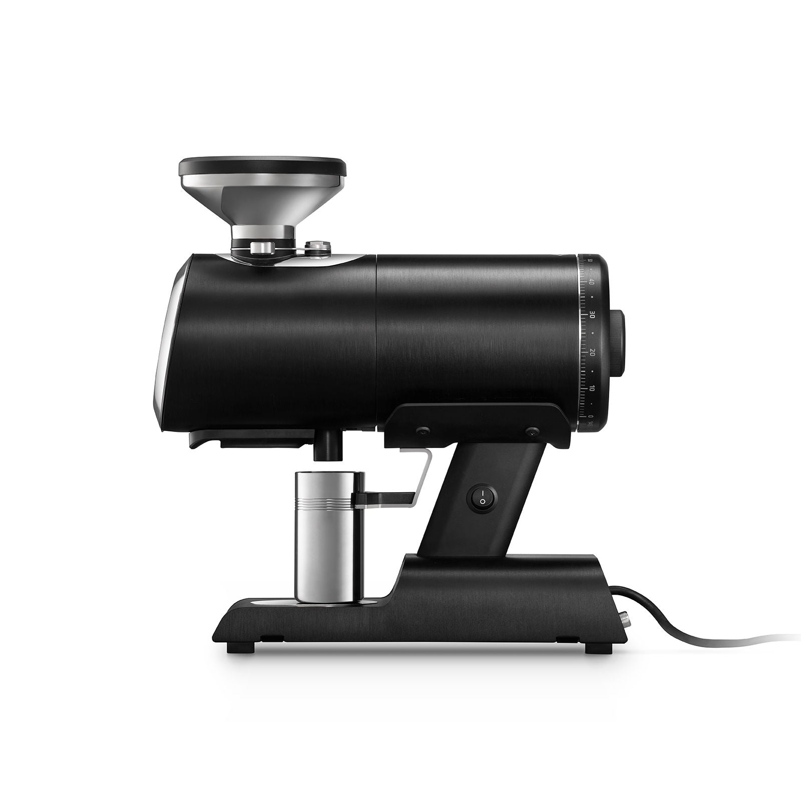 Mazzer Philos Black single dose espresso grinder with dosing cup in profile