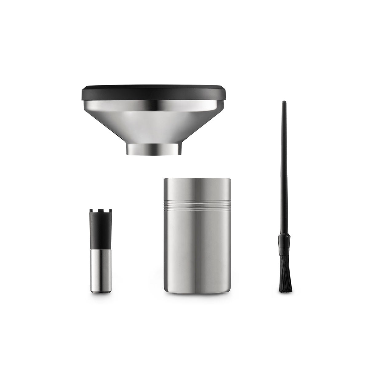 Mazzer Philos single dose espresso grinder included accessories stainless steel bean hopper, dosing cup & finisher with brush