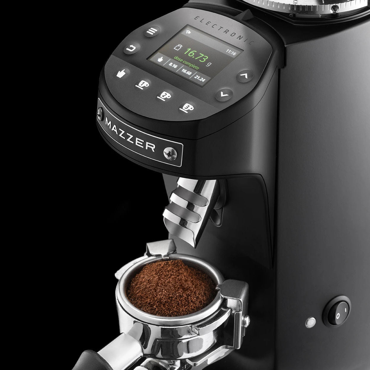 Black Mazzer Mini Grind by Weight espresso grinder with portafilter and ground coffee