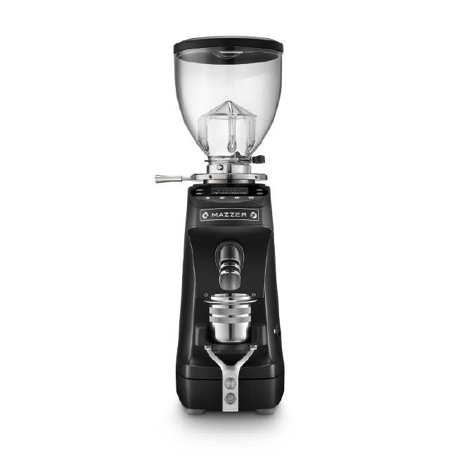 Black Mazzer Mini Grind by Weight espresso grinder front view
