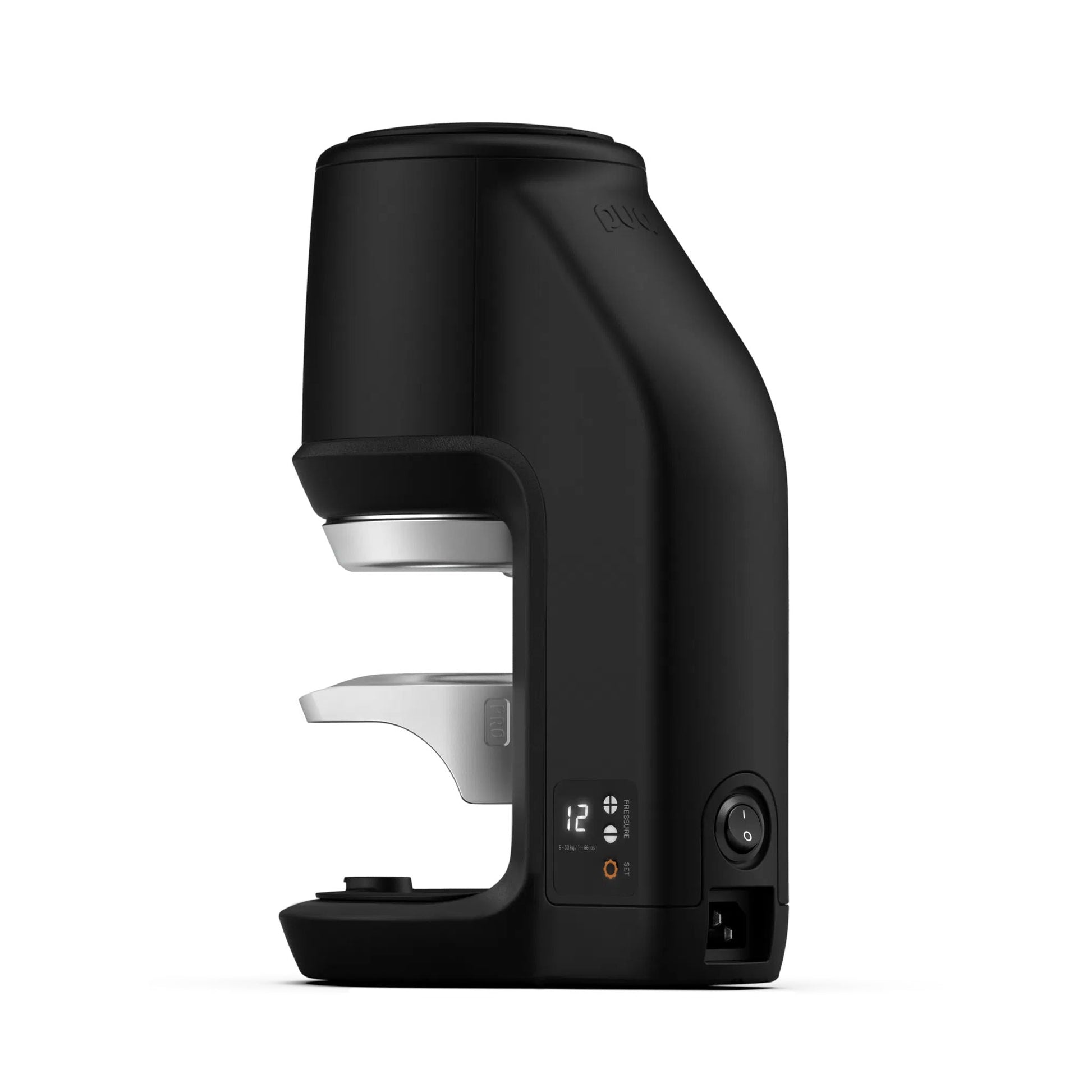 Black Puqpress Pro sixth generation automatic tamper from the rear