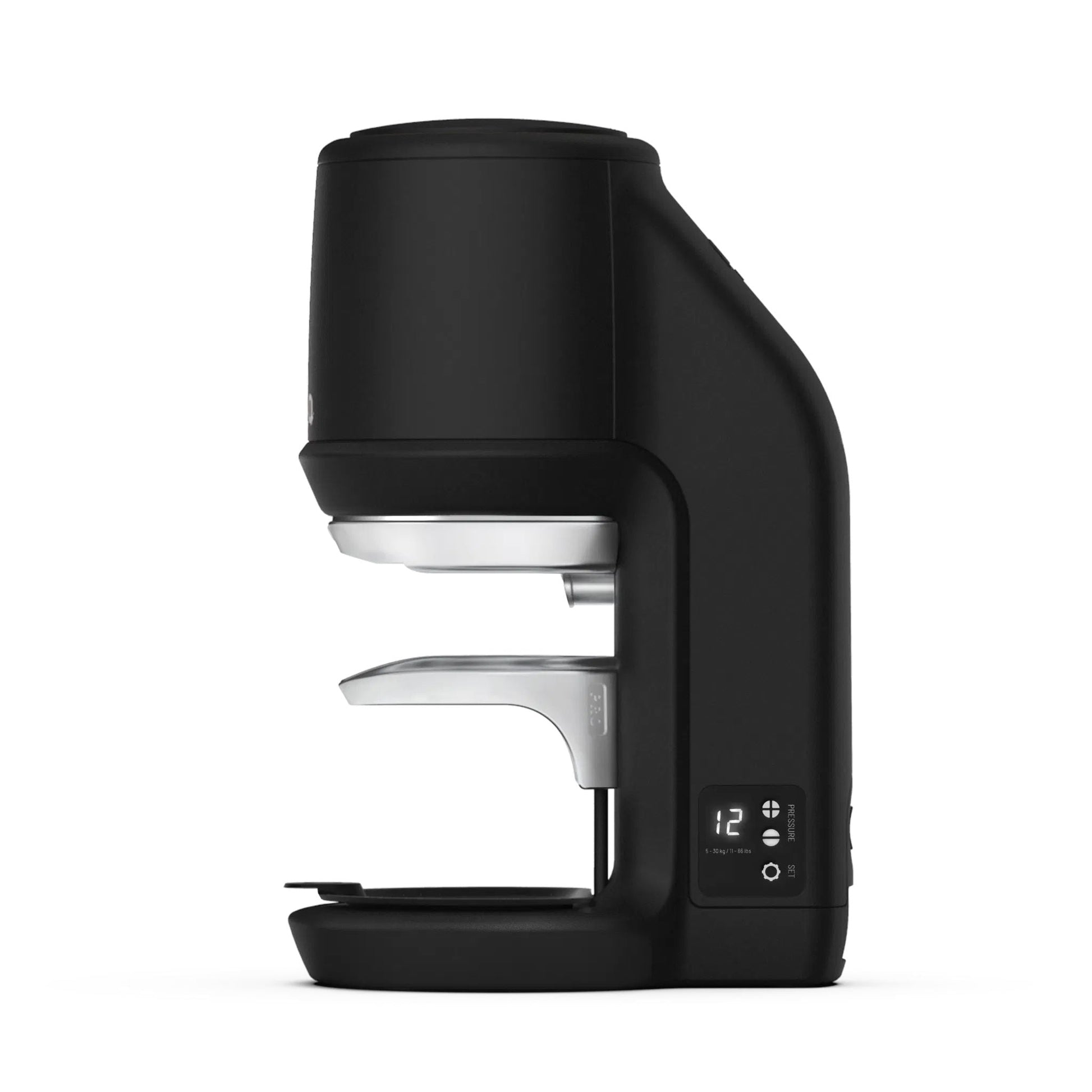 Black Puqpress Pro sixth generation automatic tamper from the side