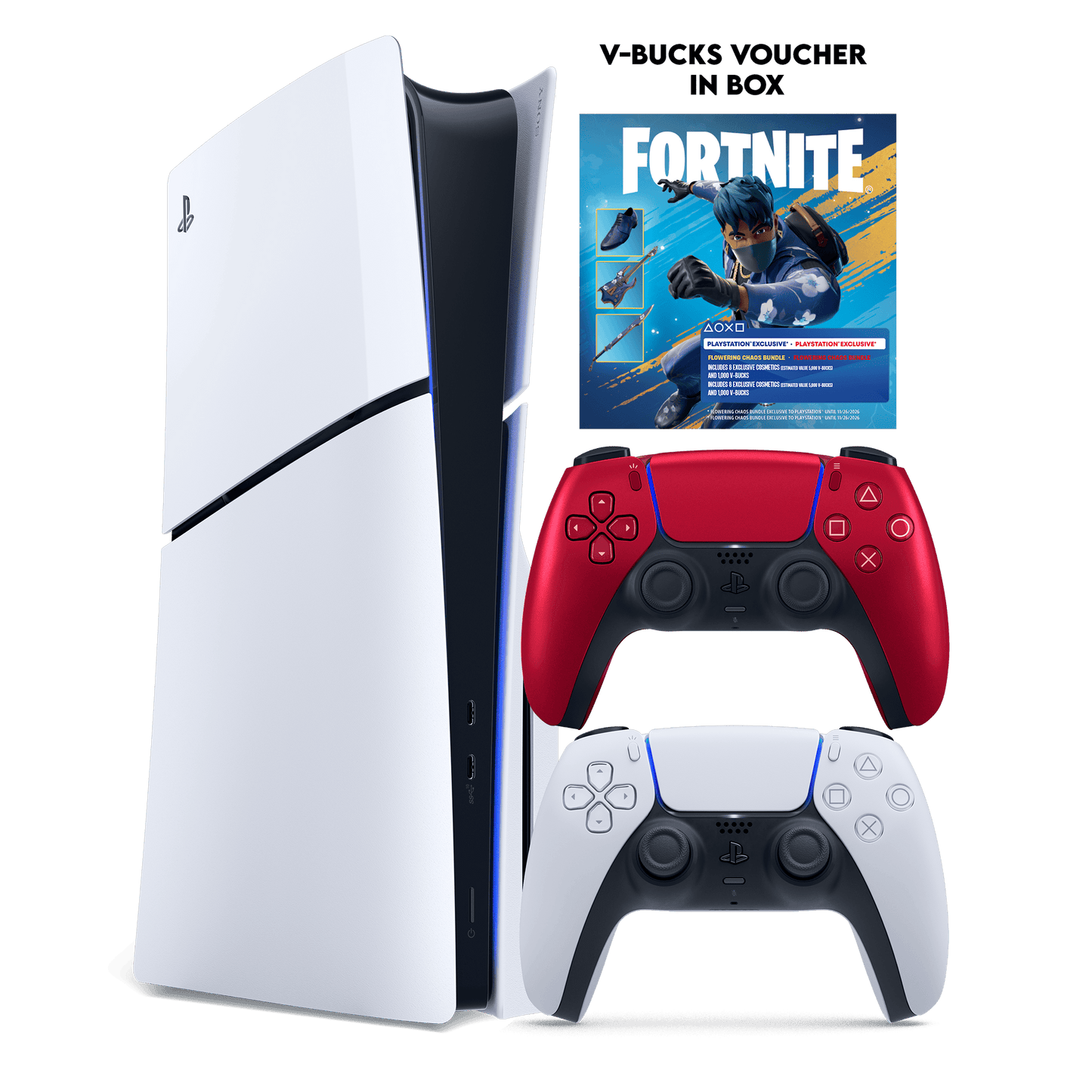PS5 Slim + Fortnite Flowering Chaos (Voucher) + PS5 Dual Sense Volcanic Red