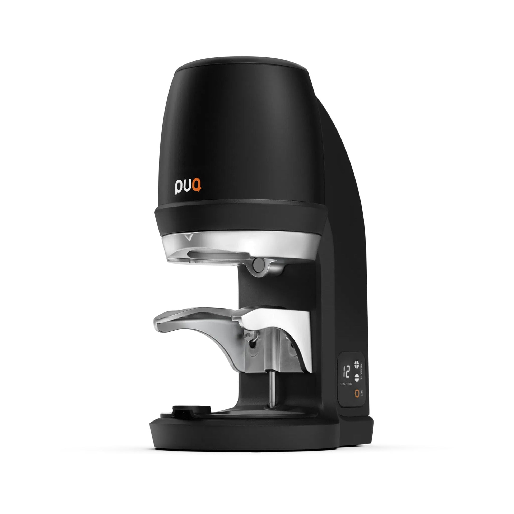 Black Puqpress Q sixth generation automatic precision coffee tamper angled view