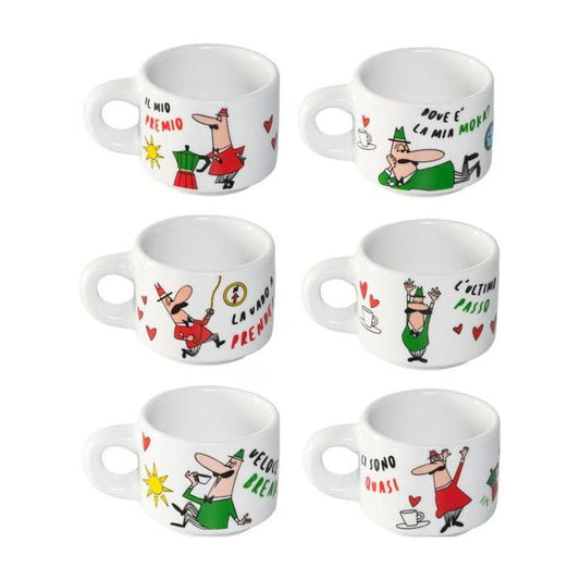 Six Bialetti L'Omino Italiano stackable cups