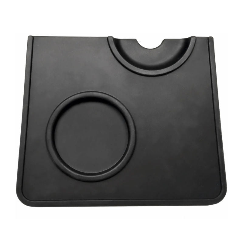 Black Silicone Corner Tamping Mat With Holder for espresso bottom to top view
