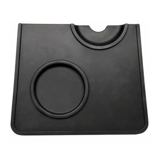 Black Silicone Corner Tamping Mat With Holder for espresso bottom to top view