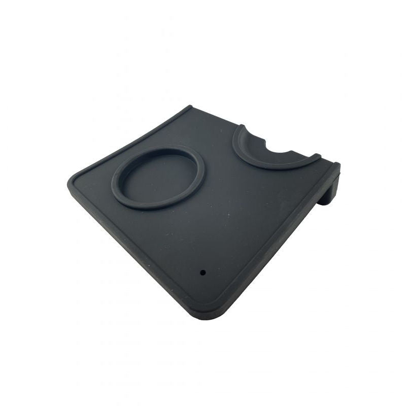 Black Silicone Corner Tamping Mat With Holder for espresso angled side view