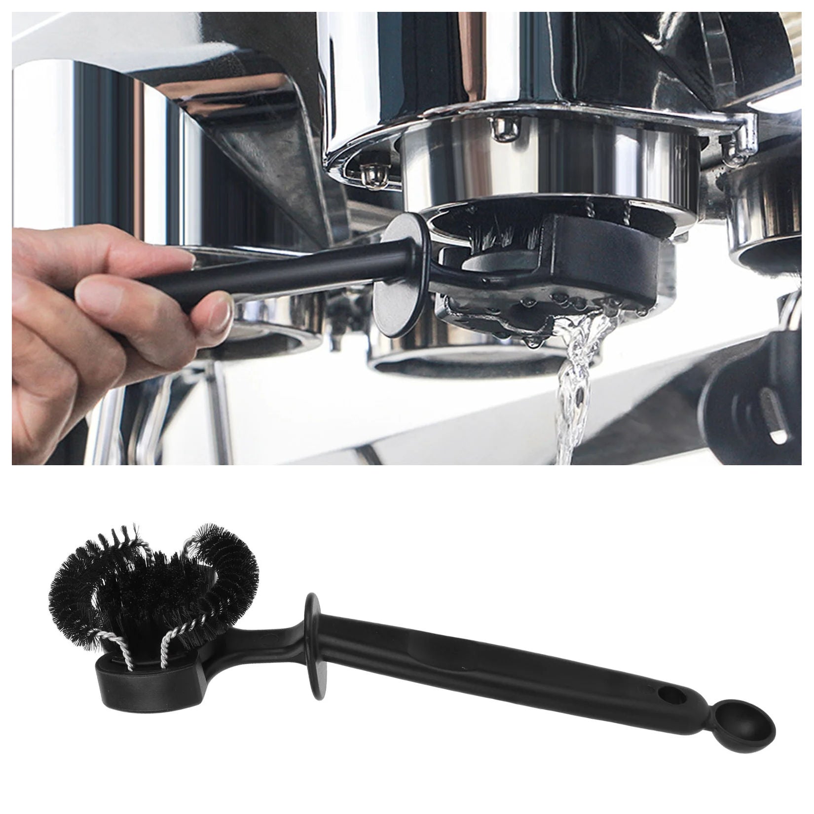 Group head cleaning brush in use cleaning an espresso machine