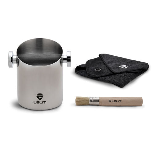 Photo of Lelit small knock box set with barista cloth and brush