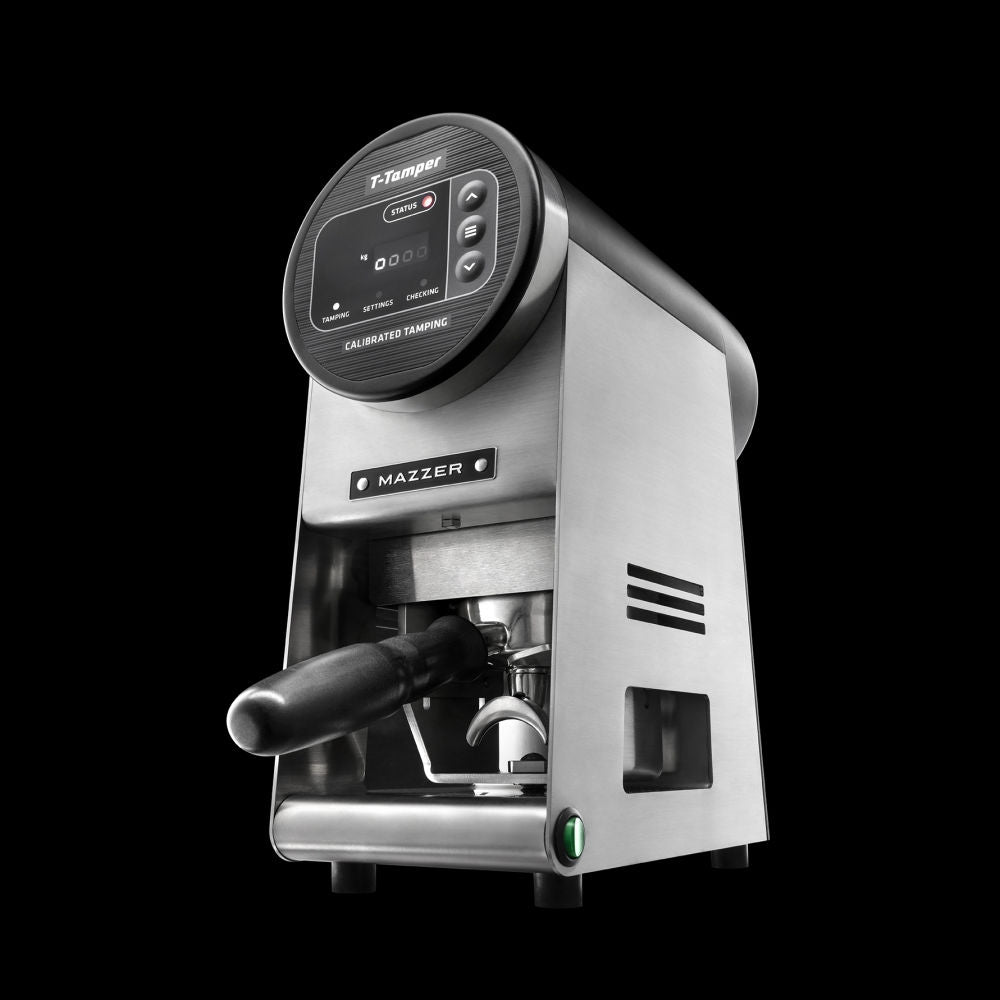 Mazzer T-Tamper electronic espresso tamper hero image on a black background
