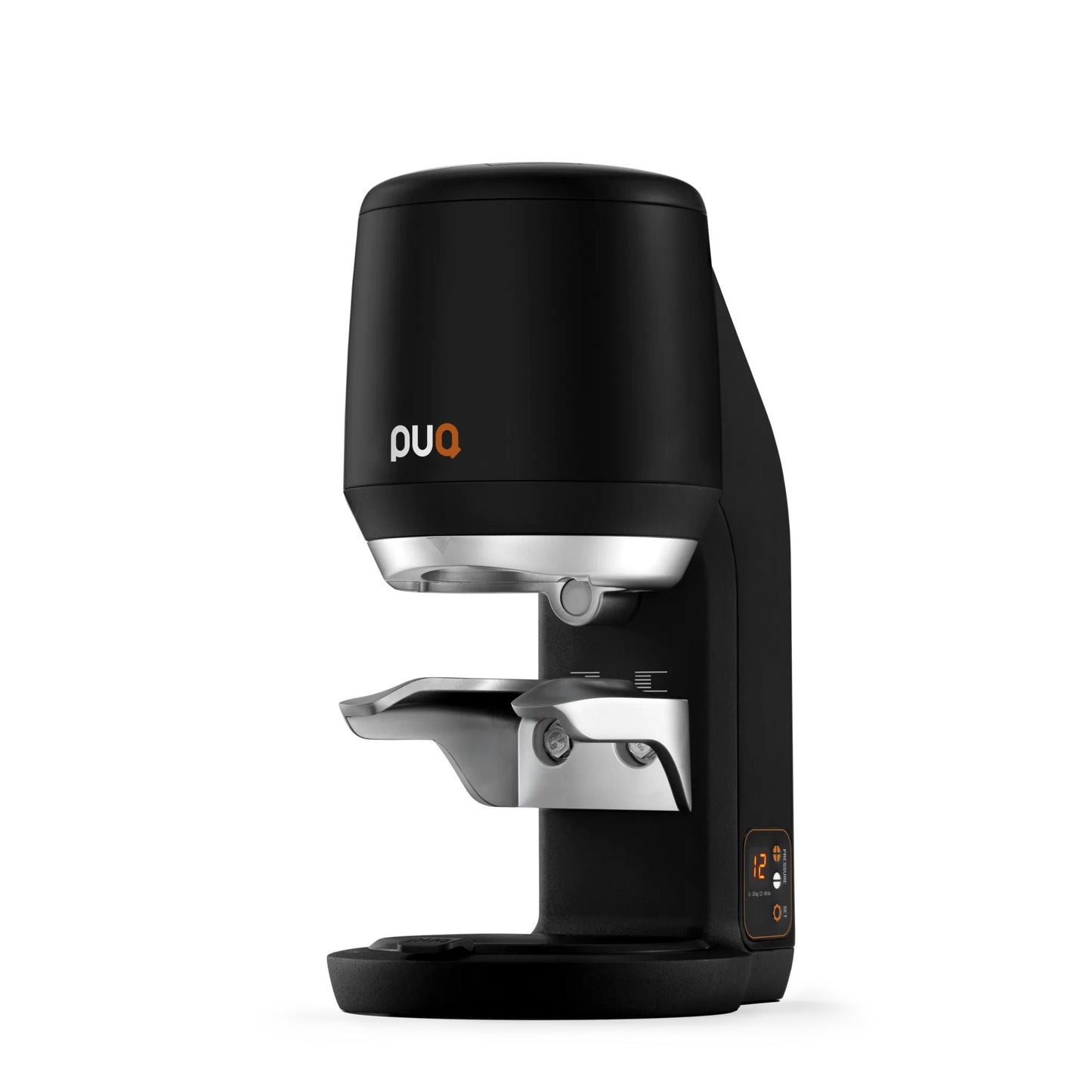 Black Puqpress Mini automatic coffee tamper angled view