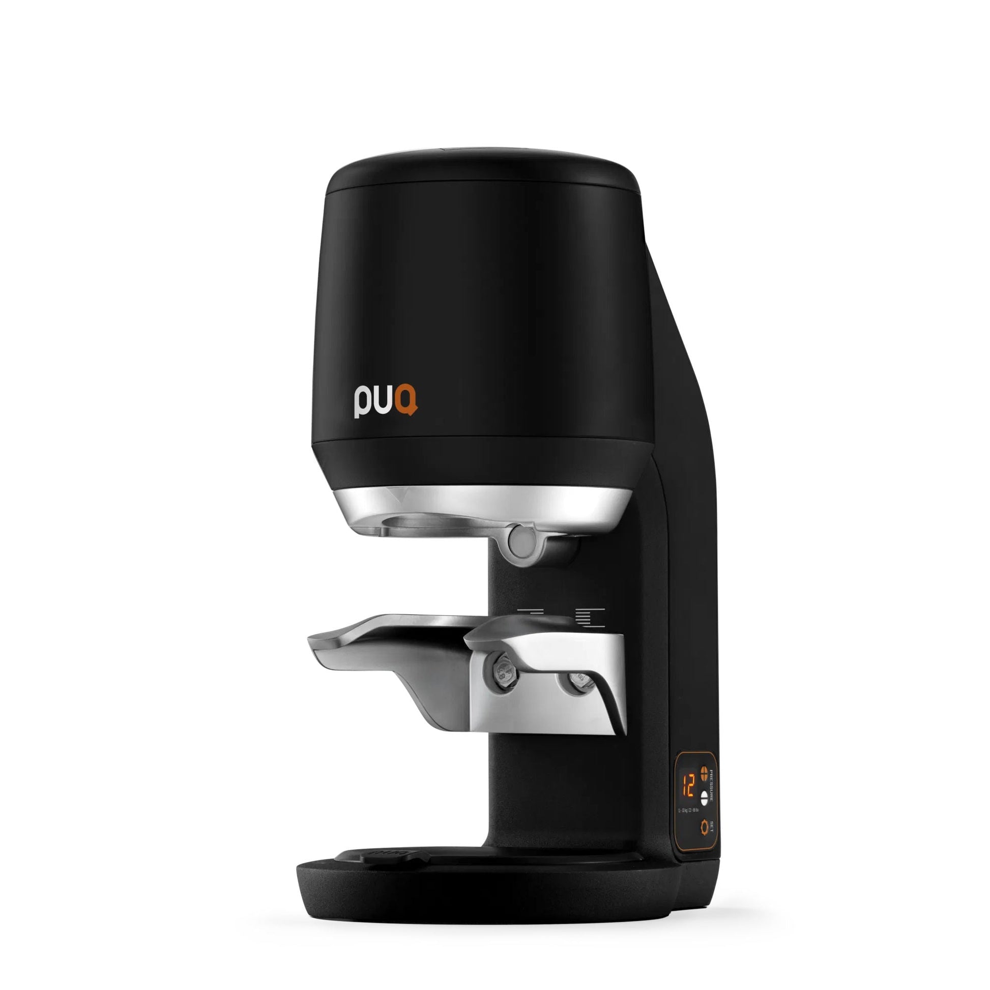 Black Puqpress Mini automatic coffee tamper angled view